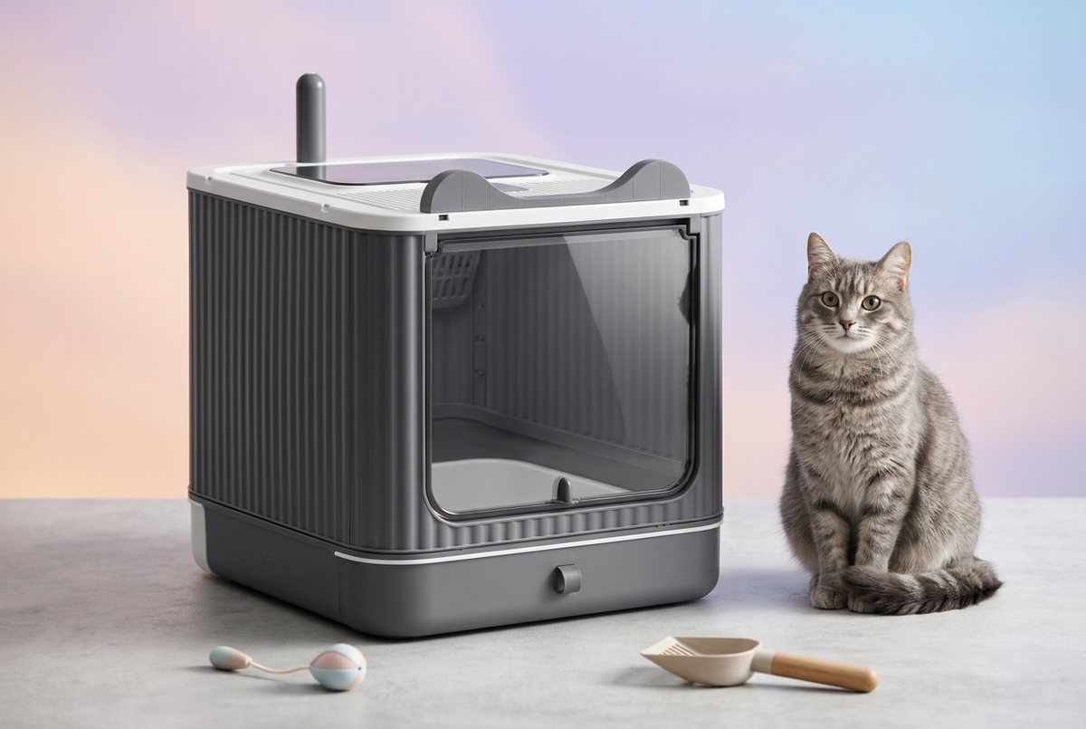 Bac à litière fermé avec trappe et chat